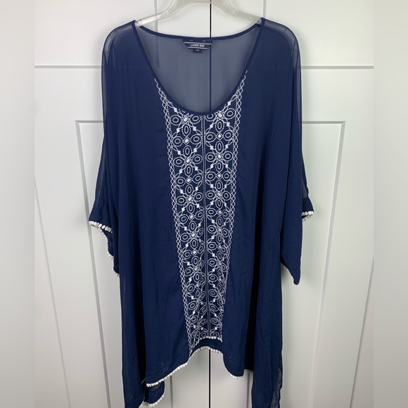 Lands' End Tops - Lands End LARGE Sheer Swim Cover Kaftan Tunic Navy Embroidery Coastal